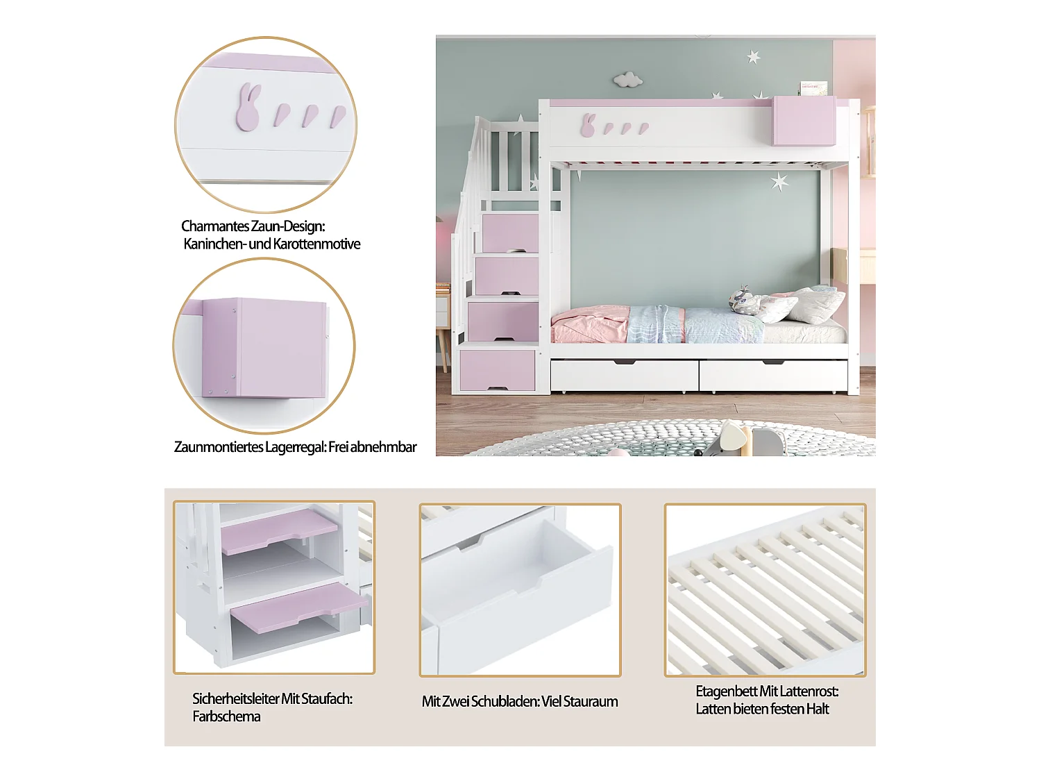 Kinderstapelbed - 2 x 90 x 200 cm - met opbergladder + 2 lades - hout - wit + roze