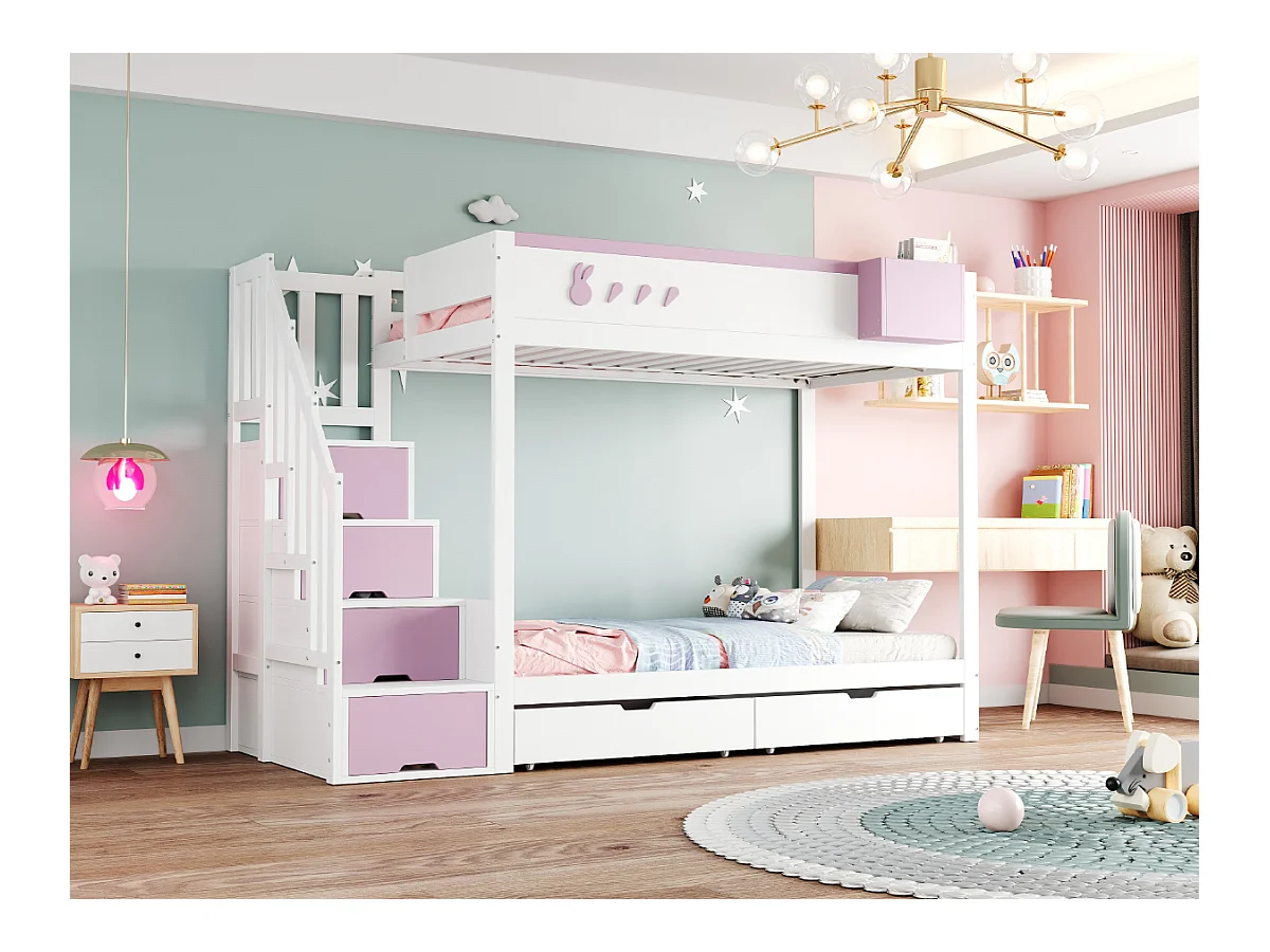 Kinderstapelbed - 2 x 90 x 200 cm - met opbergladder + 2 lades - hout - wit + roze