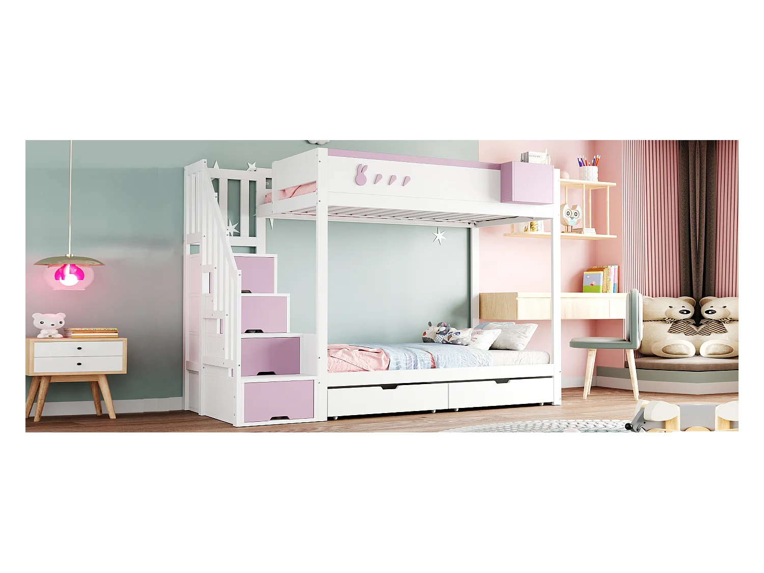Kinderstapelbed - 2 x 90 x 200 cm - met opbergladder + 2 lades - hout - wit + roze