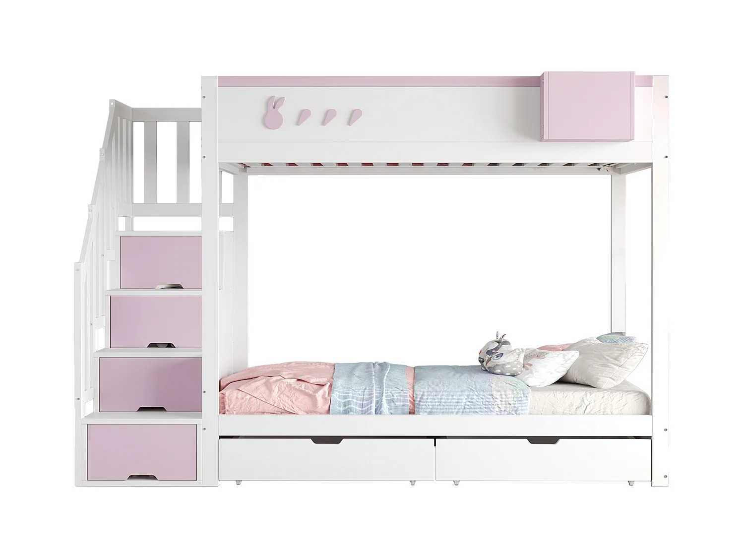Kinderstapelbed - 2 x 90 x 200 cm - met opbergladder + 2 lades - hout - wit + roze