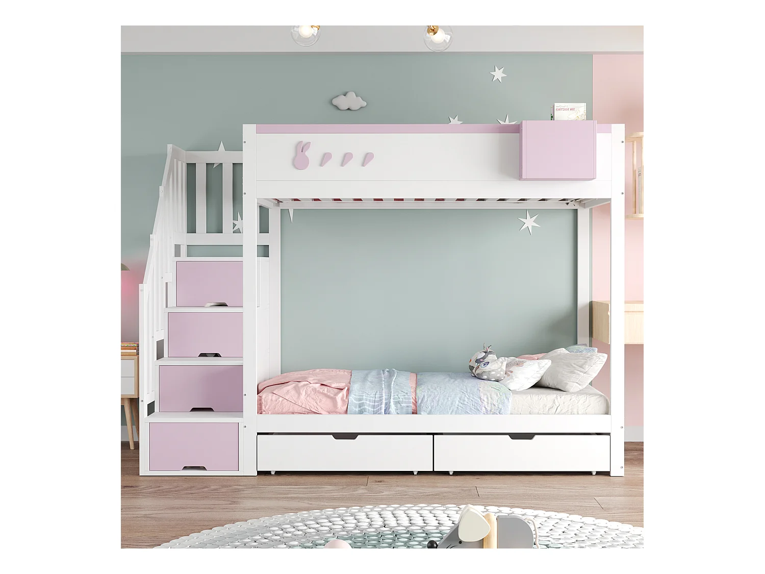 Lit superposés pour enfant - 2 x 90 x 200 cm - avec échelle de rangement + 2 tiroirs - bois - blanc + rose