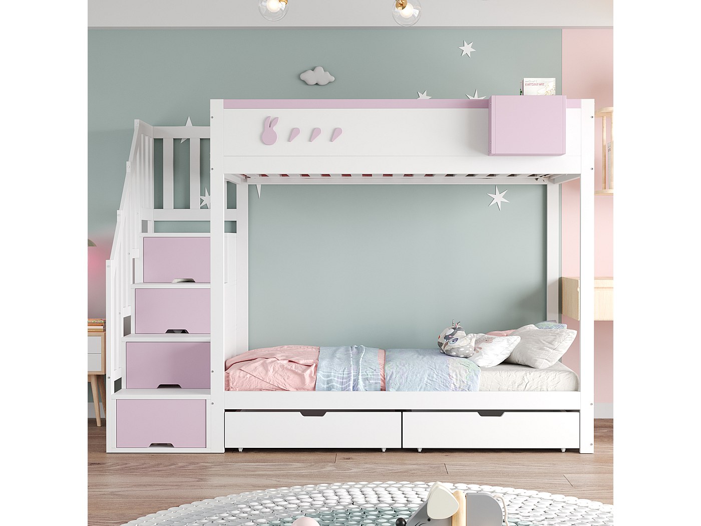 Scala Per Letto A Castello Per Bambini, Disabili E Anziani - Scala In Legno Con Cuscino Per Piedi Rosso E Staffe Di Installazione Per Letto A Soppalco In Dormitorio