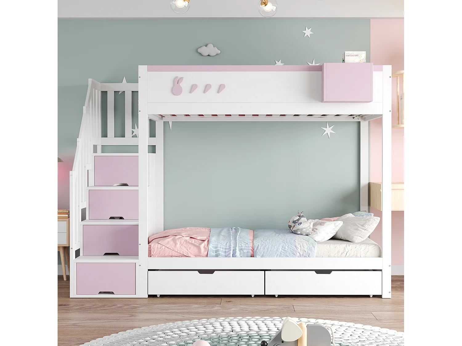 Lit superposés pour enfant - 2 x 90 x 200 cm - avec échelle de rangement + 2 tiroirs - bois - blanc + rose