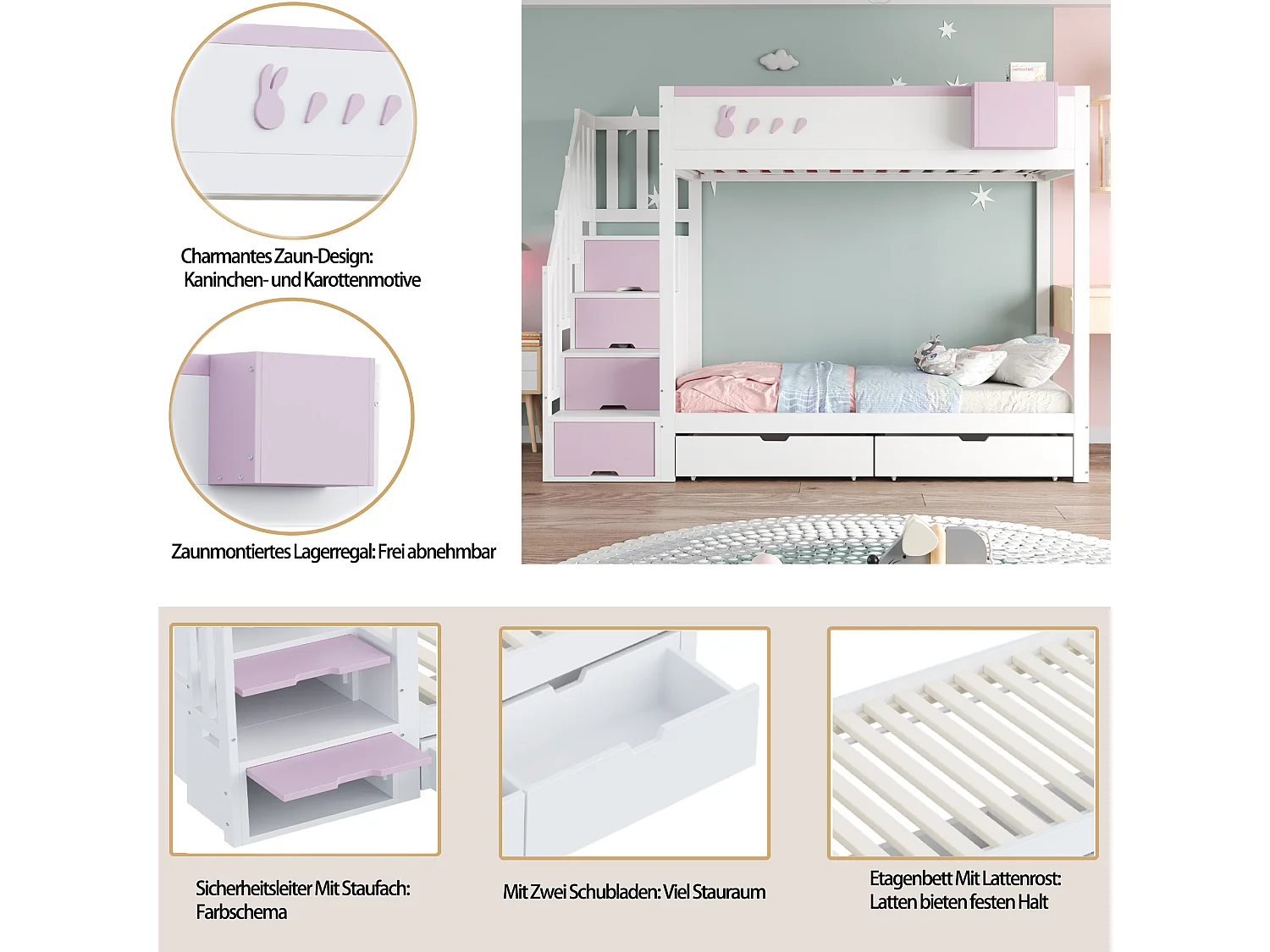 Lit superposés pour enfant - 2 x 90 x 200 cm - avec échelle de rangement + 2 tiroirs - bois - blanc + rose