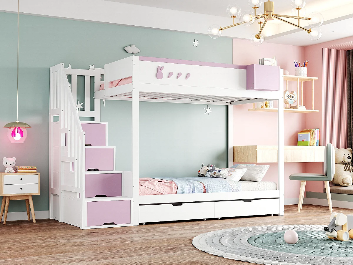 Lit superposés pour enfant - 2 x 90 x 200 cm - avec échelle de rangement + 2 tiroirs - bois - blanc + rose