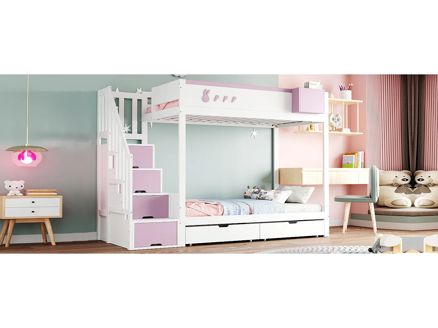 Lit superposés pour enfant - 2 x 90 x 200 cm - avec échelle de rangement + 2 tiroirs - bois - blanc + rose