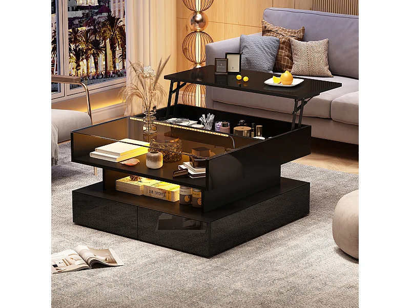 Table basse relevable - 80 x 80 x 45 cm - avec rangement dissimulé + 2 tiroirs + Leds - aggloméré + verre trempé - noire