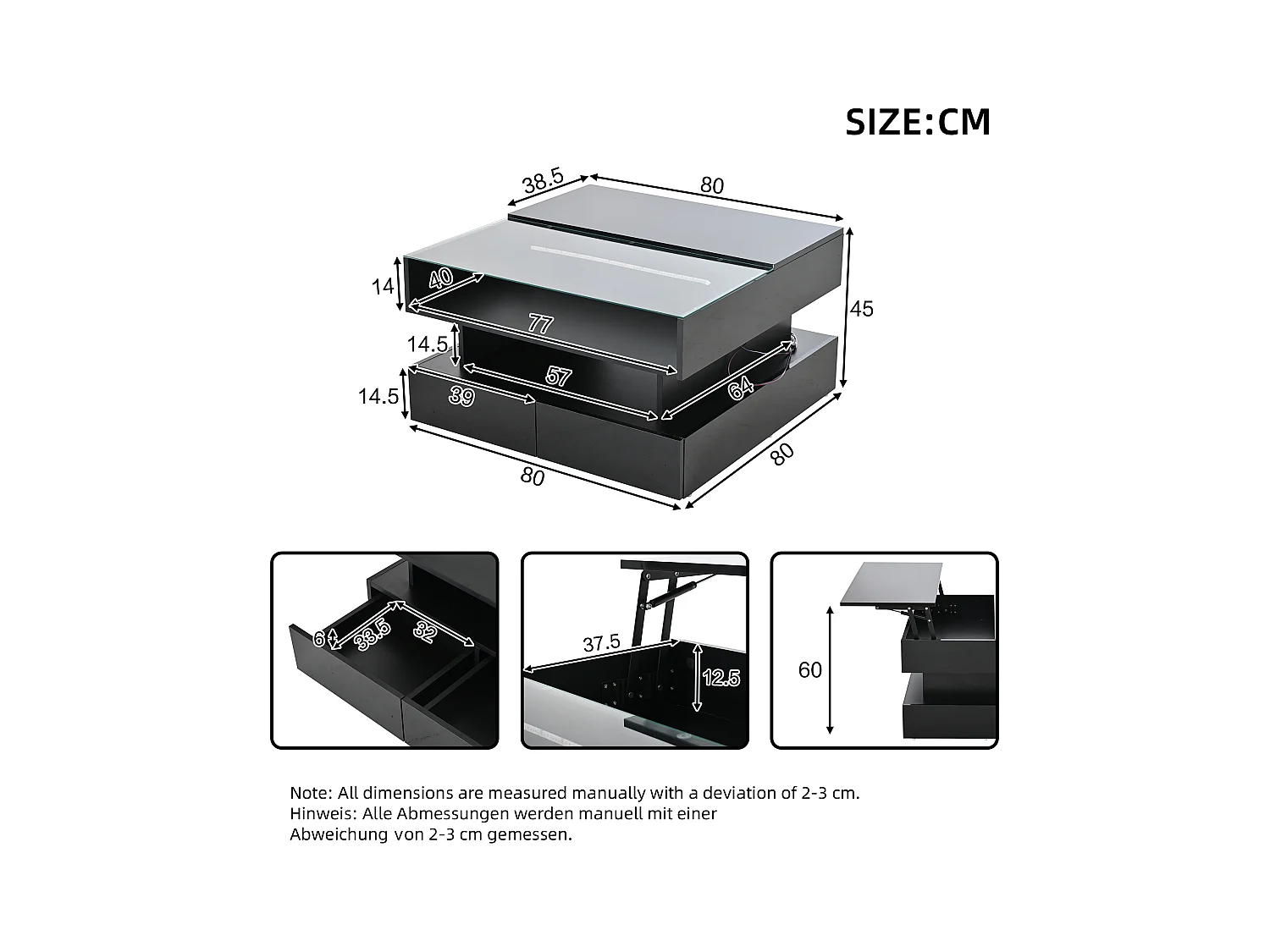 Table basse relevable - 80 x 80 x 45 cm - avec rangement dissimulé + 2 tiroirs + Leds - aggloméré + verre trempé - noire