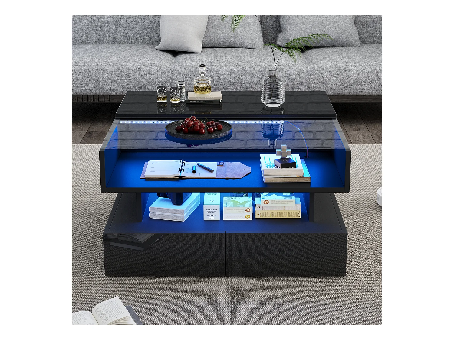 Table basse relevable - 80 x 80 x 45 cm - avec rangement dissimulé + 2 tiroirs + Leds - aggloméré + verre trempé - noire