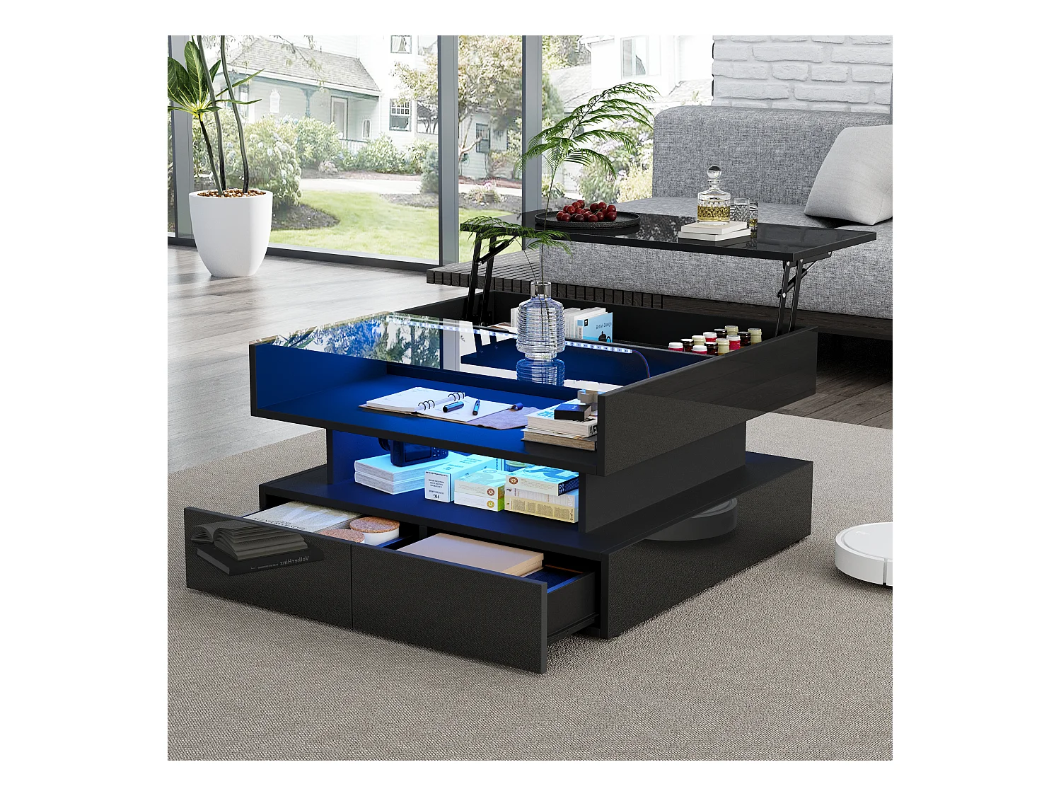 Table basse relevable - 80 x 80 x 45 cm - avec rangement dissimulé + 2 tiroirs + Leds - aggloméré + verre trempé - noire