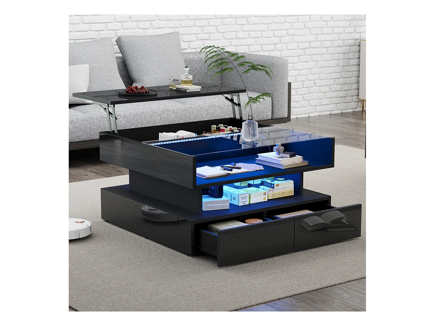 Table basse relevable - 80 x 80 x 45 cm - avec rangement dissimulé + 2 tiroirs + Leds - aggloméré + verre trempé - noire