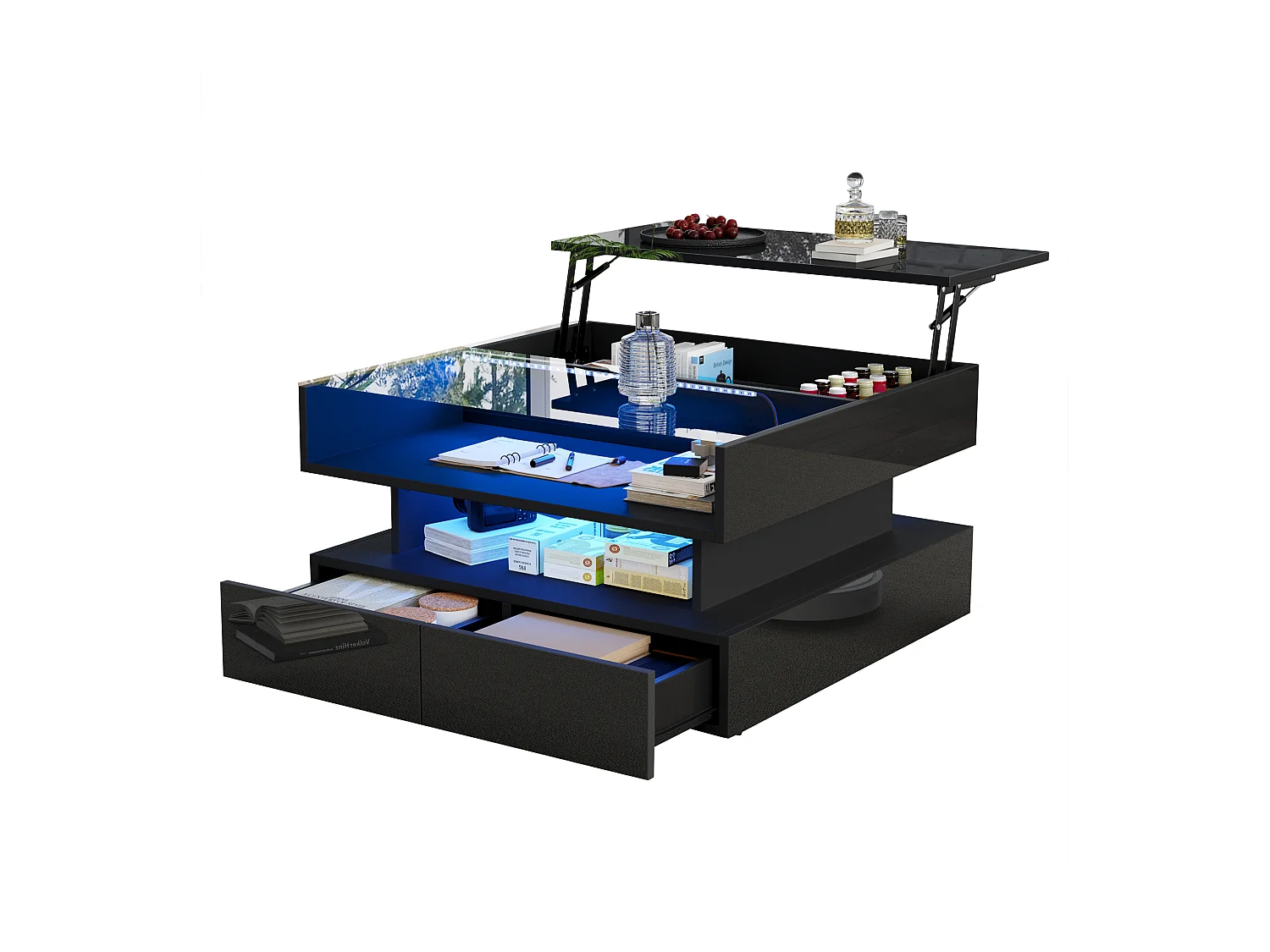 Table basse relevable - 80 x 80 x 45 cm - avec rangement dissimulé + 2 tiroirs + Leds - aggloméré + verre trempé - noire