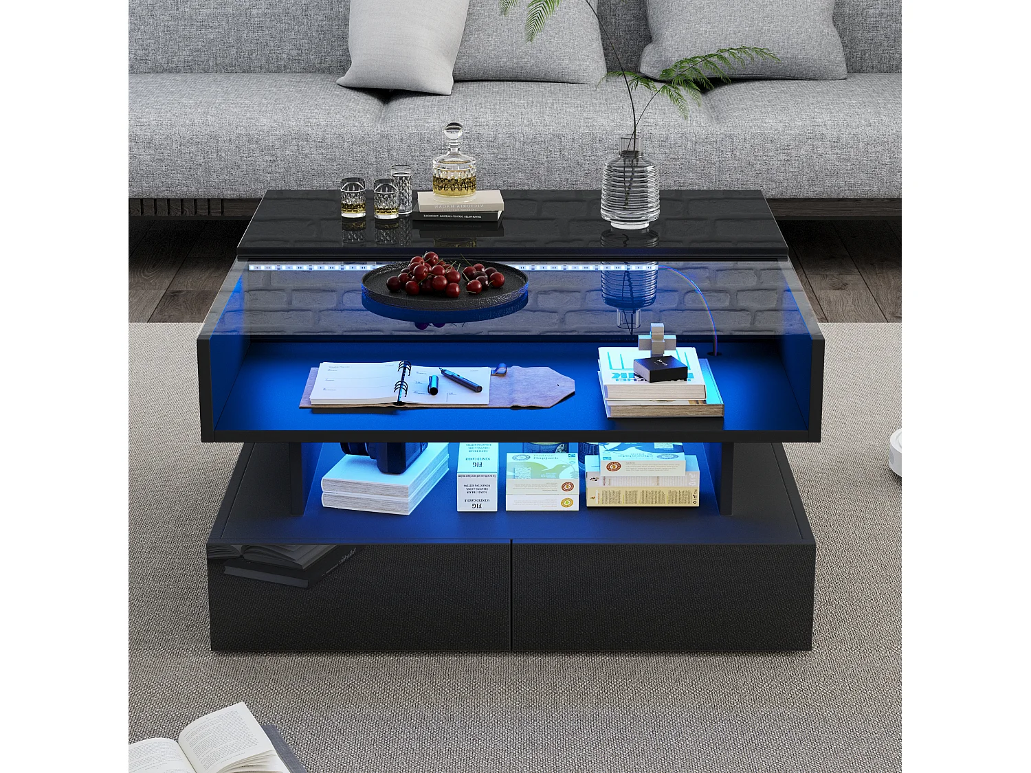 Podnoszony stolik kawowy - 80 x 80 x 45 cm - z ukrytym schowkiem + 2 szuflady + diody LED - płyta wiórowa + szkło hartowane - czarny