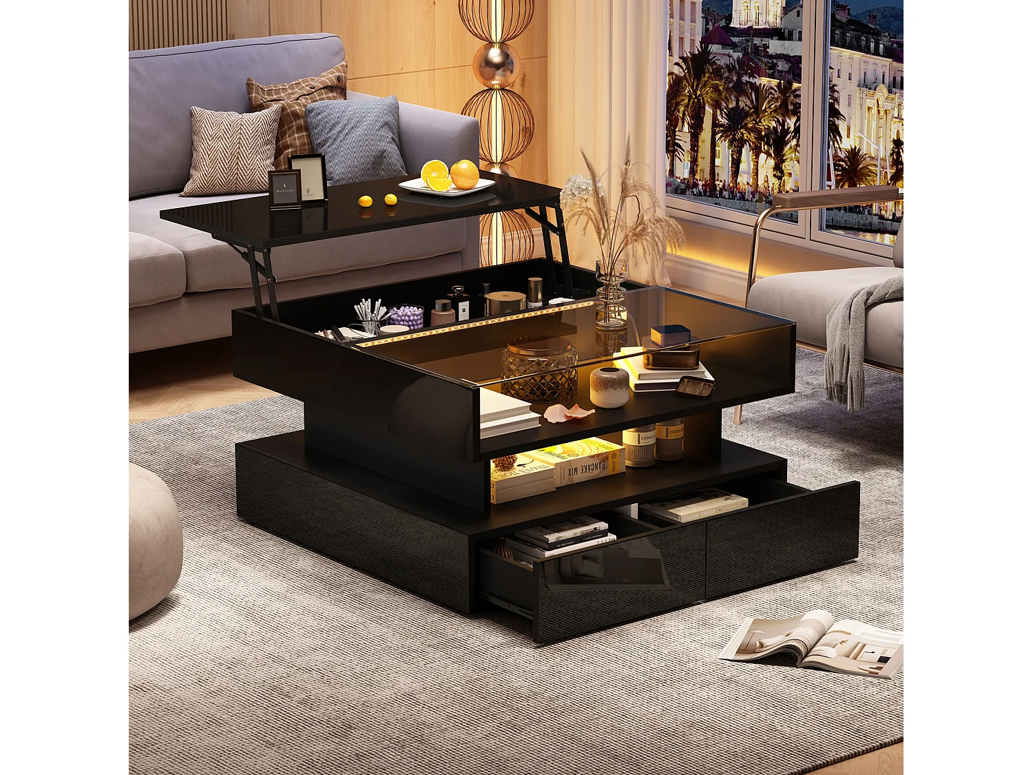 Podnoszony stolik kawowy - 80 x 80 x 45 cm - z ukrytym schowkiem + 2 szuflady + diody LED - płyta wiórowa + szkło hartowane - czarny