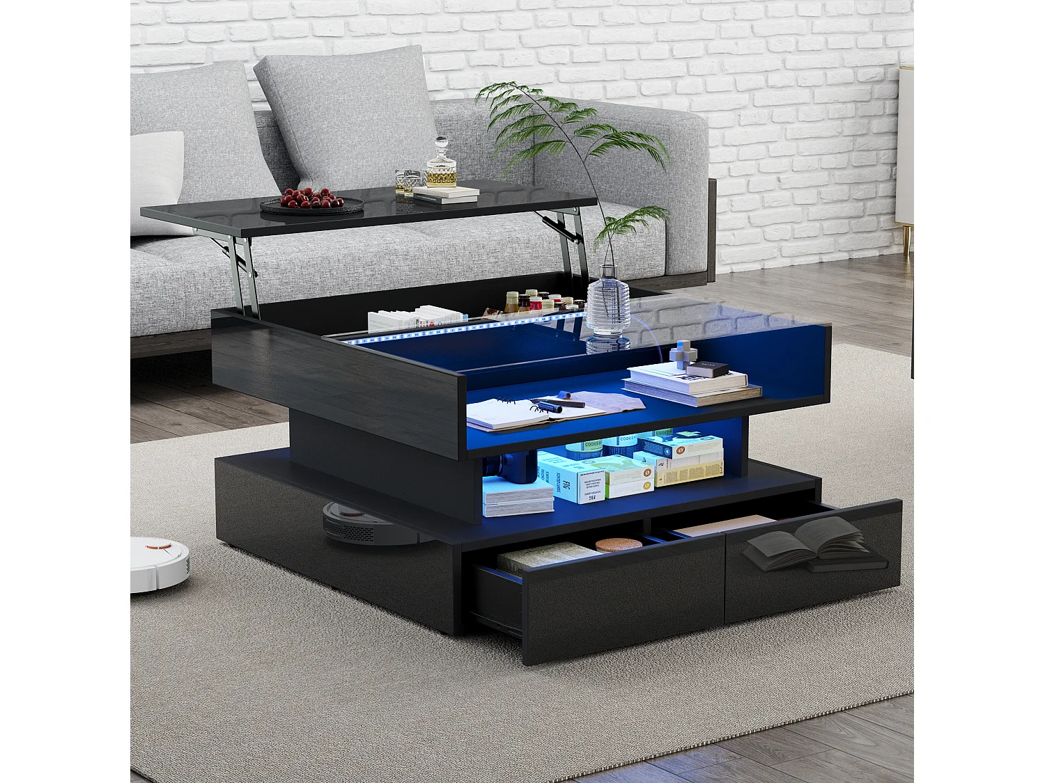 Podnoszony stolik kawowy - 80 x 80 x 45 cm - z ukrytym schowkiem + 2 szuflady + diody LED - płyta wiórowa + szkło hartowane - czarny