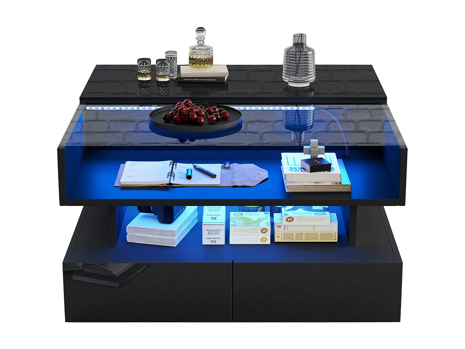 Podnoszony stolik kawowy - 80 x 80 x 45 cm - z ukrytym schowkiem + 2 szuflady + diody LED - płyta wiórowa + szkło hartowane - czarny