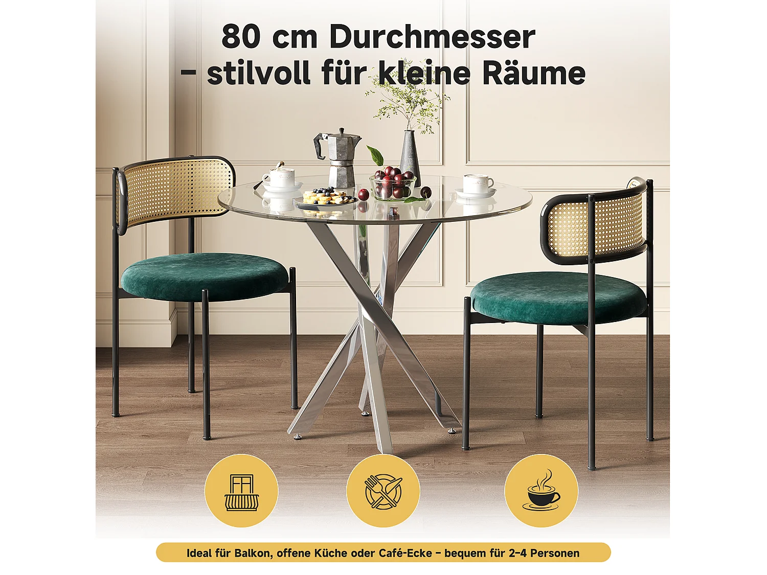 Ensemble de table à manger et 2 chaises - 80 x 80 x 75 cm -  plateau de table en verre trempé - velours + métal - vert