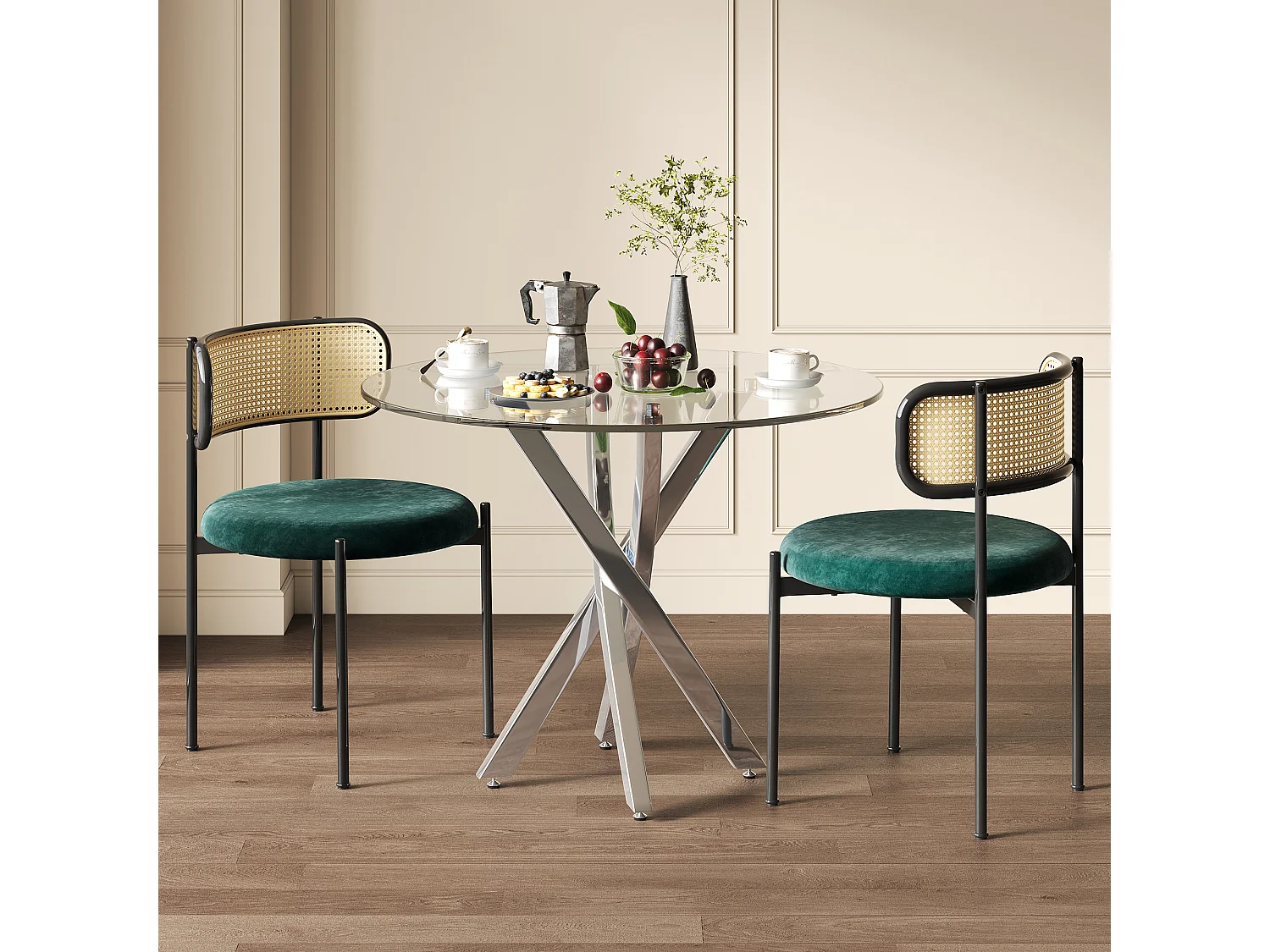 Ensemble de table à manger et 2 chaises - 80 x 80 x 75 cm -  plateau de table en verre trempé - velours + métal - vert