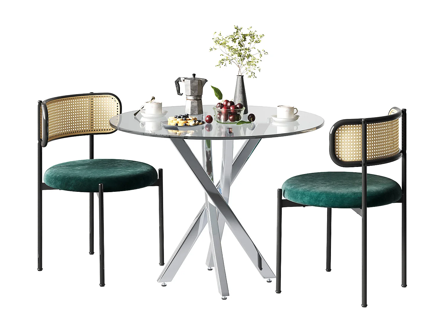 Ensemble de table à manger et 2 chaises - 80 x 80 x 75 cm -  plateau de table en verre trempé - velours + métal - vert