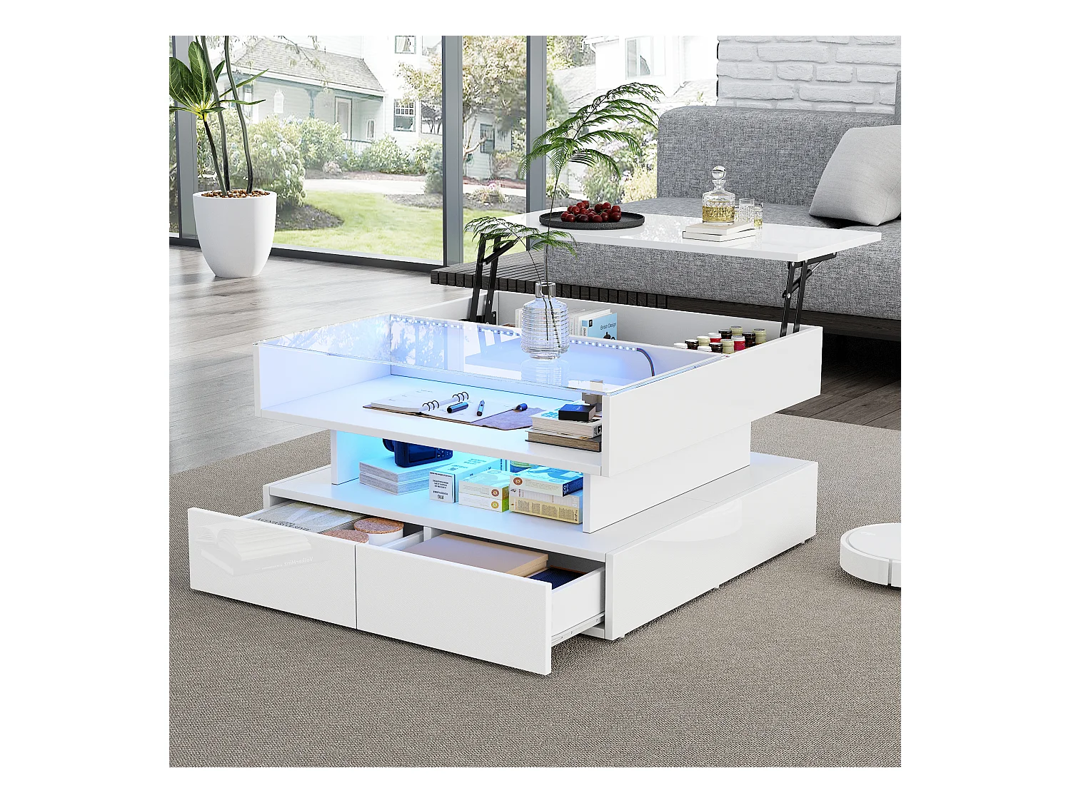 Table basse relevable - 80 x 80 x 45 cm - avec rangement dissimulé + 2 tiroirs + Leds - aggloméré + verre trempé - blanc