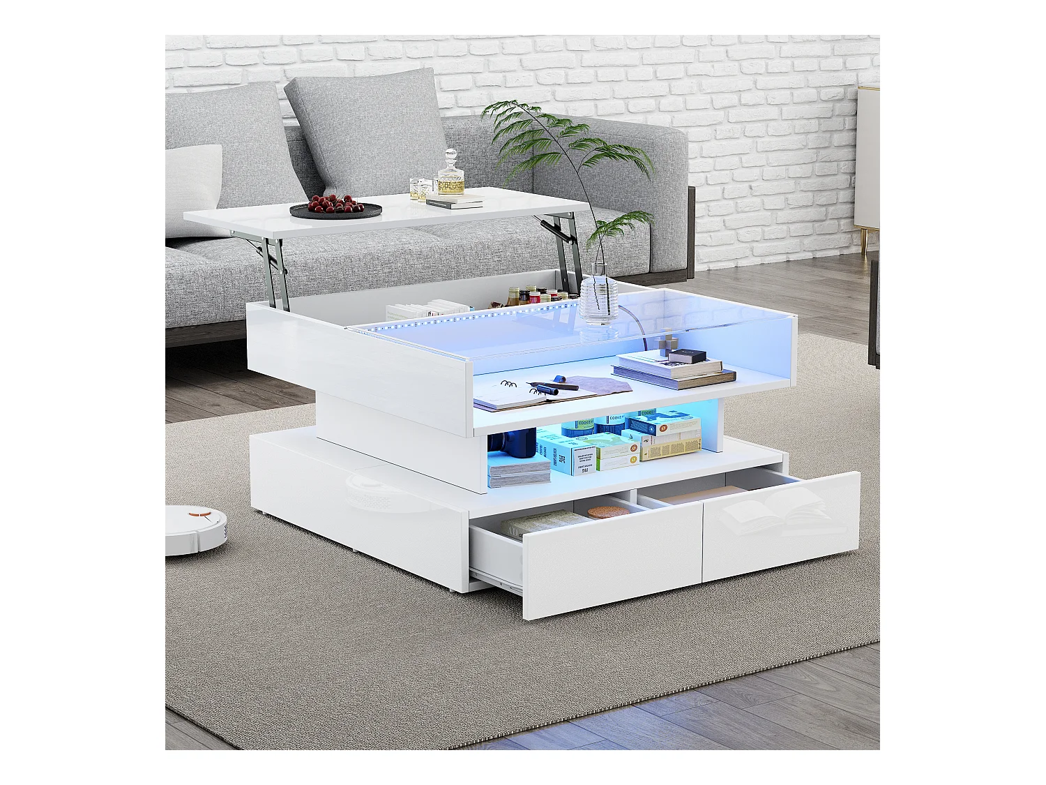 Table basse relevable - 80 x 80 x 45 cm - avec rangement dissimulé + 2 tiroirs + Leds - aggloméré + verre trempé - blanc
