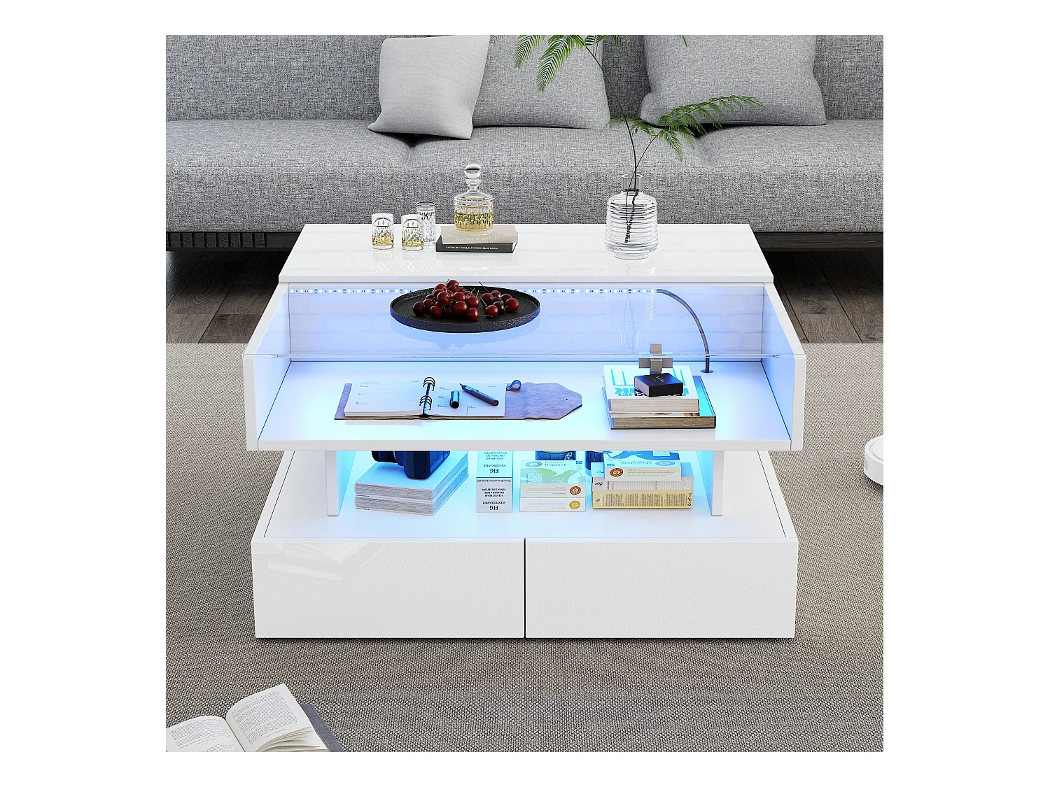 Table basse relevable - 80 x 80 x 45 cm - avec rangement dissimulé + 2 tiroirs + Leds - aggloméré + verre trempé - blanc