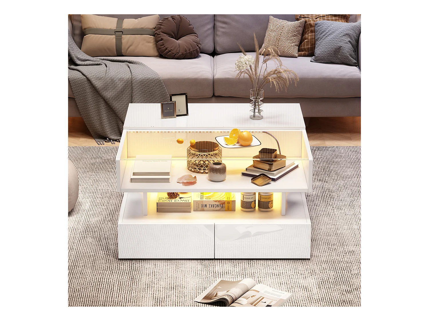 Table basse relevable - 80 x 80 x 45 cm - avec rangement dissimulé + 2 tiroirs + Leds - aggloméré + verre trempé - blanc