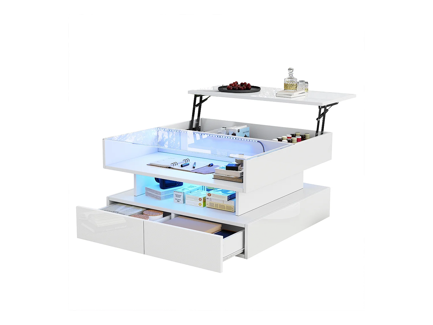 Table basse relevable - 80 x 80 x 45 cm - avec rangement dissimulé + 2 tiroirs + Leds - aggloméré + verre trempé - blanc
