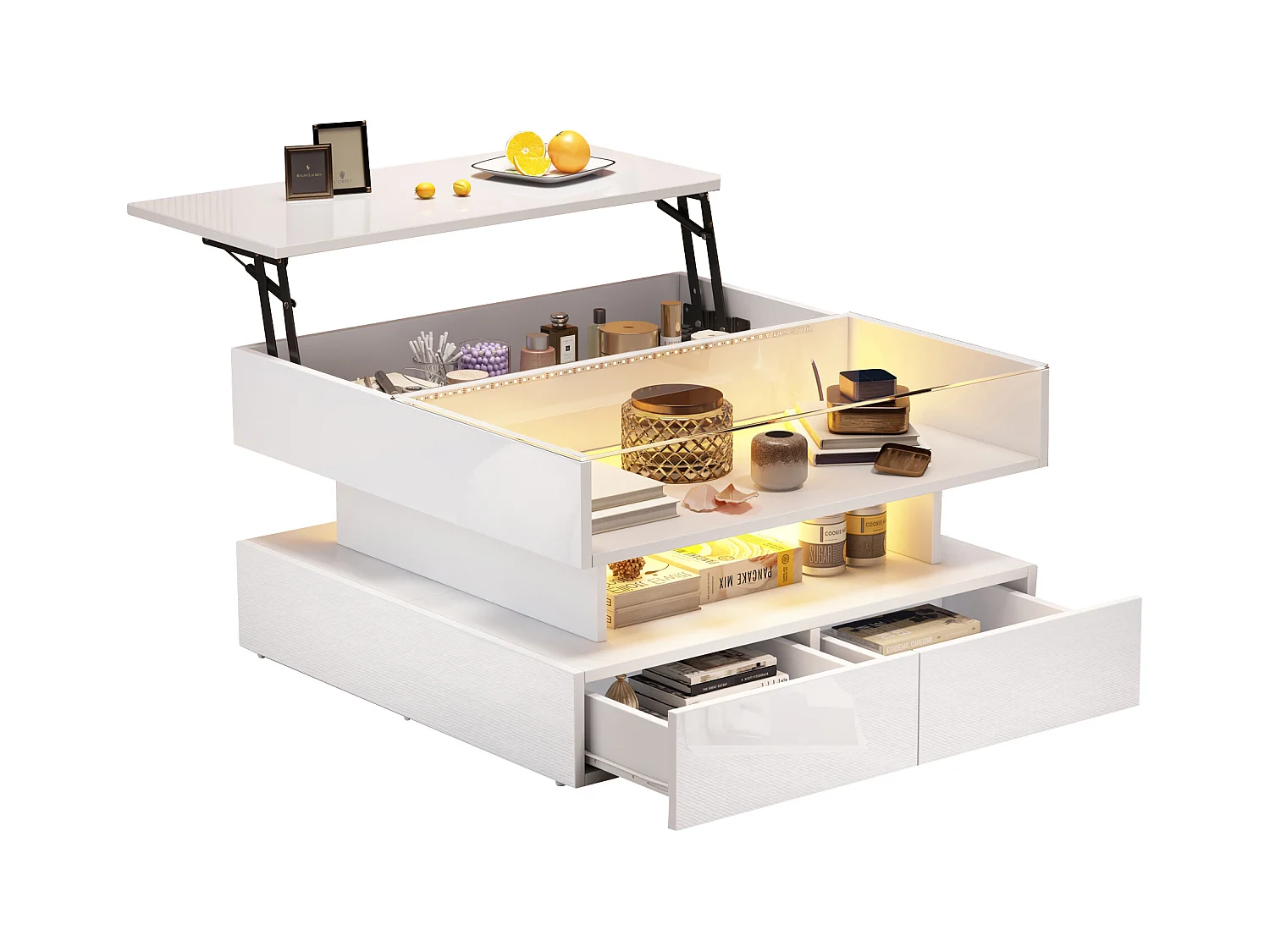 Table basse relevable - 80 x 80 x 45 cm - avec rangement dissimulé + 2 tiroirs + Leds - aggloméré + verre trempé - blanc