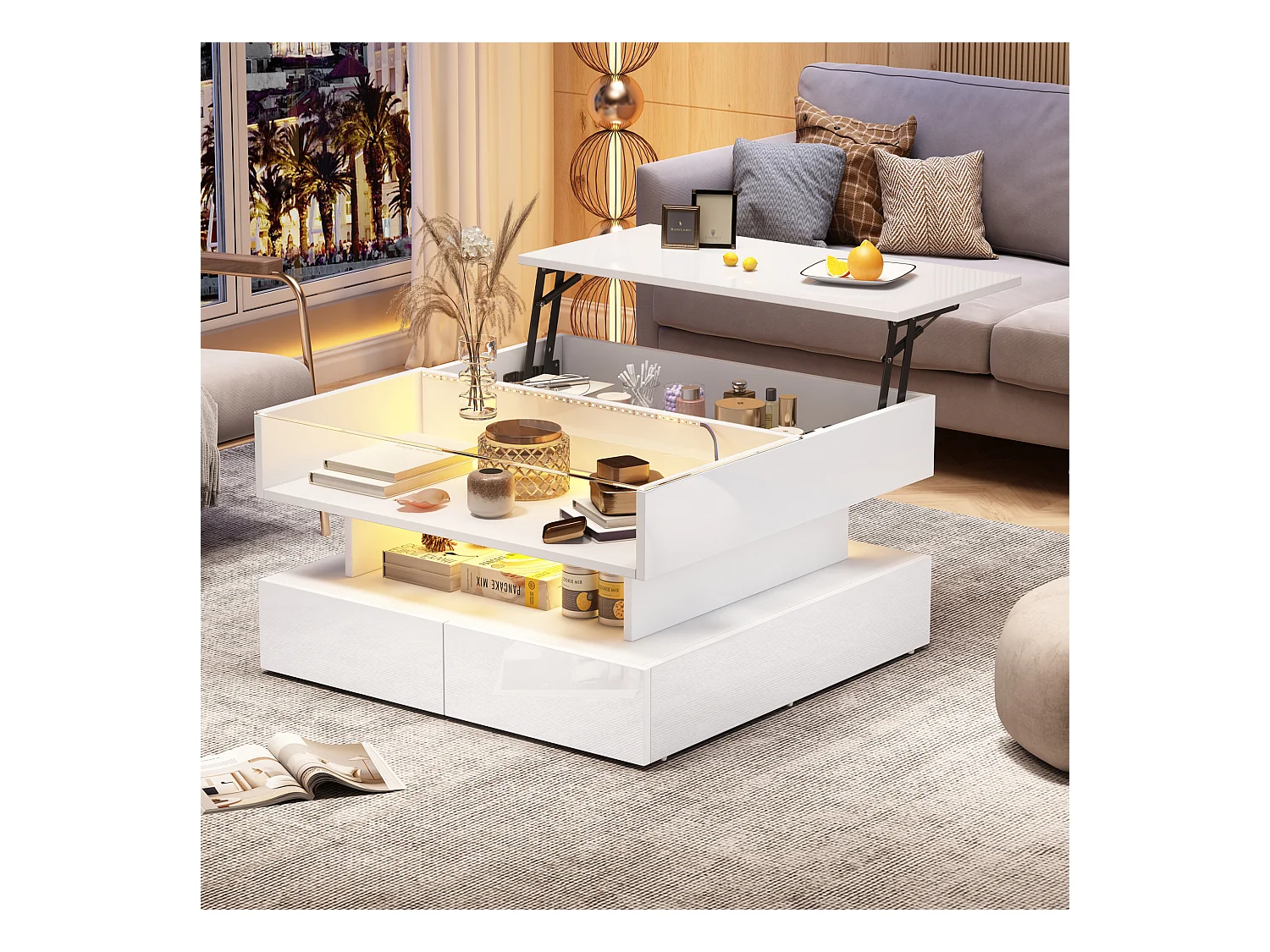 Hochklappbarer Couchtisch – 80 x 80 x 45 cm – mit verstecktem Stauraum + 2 Schubladen + LEDs – Spanplatte + gehärtetes Glas – weiß