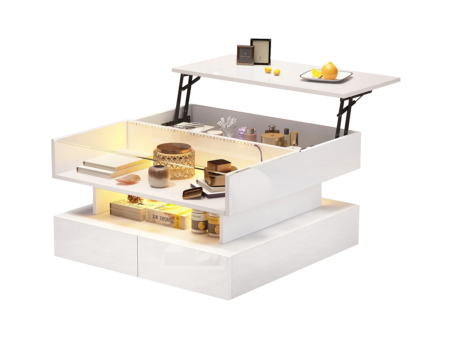 Hochklappbarer Couchtisch – 80 x 80 x 45 cm – mit verstecktem Stauraum + 2 Schubladen + LEDs – Spanplatte + gehärtetes Glas – weiß