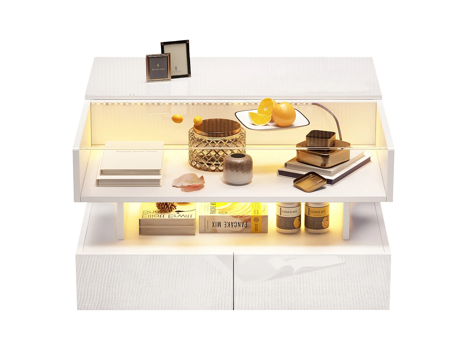 Hochklappbarer Couchtisch – 80 x 80 x 45 cm – mit verstecktem Stauraum + 2 Schubladen + LEDs – Spanplatte + gehärtetes Glas – weiß