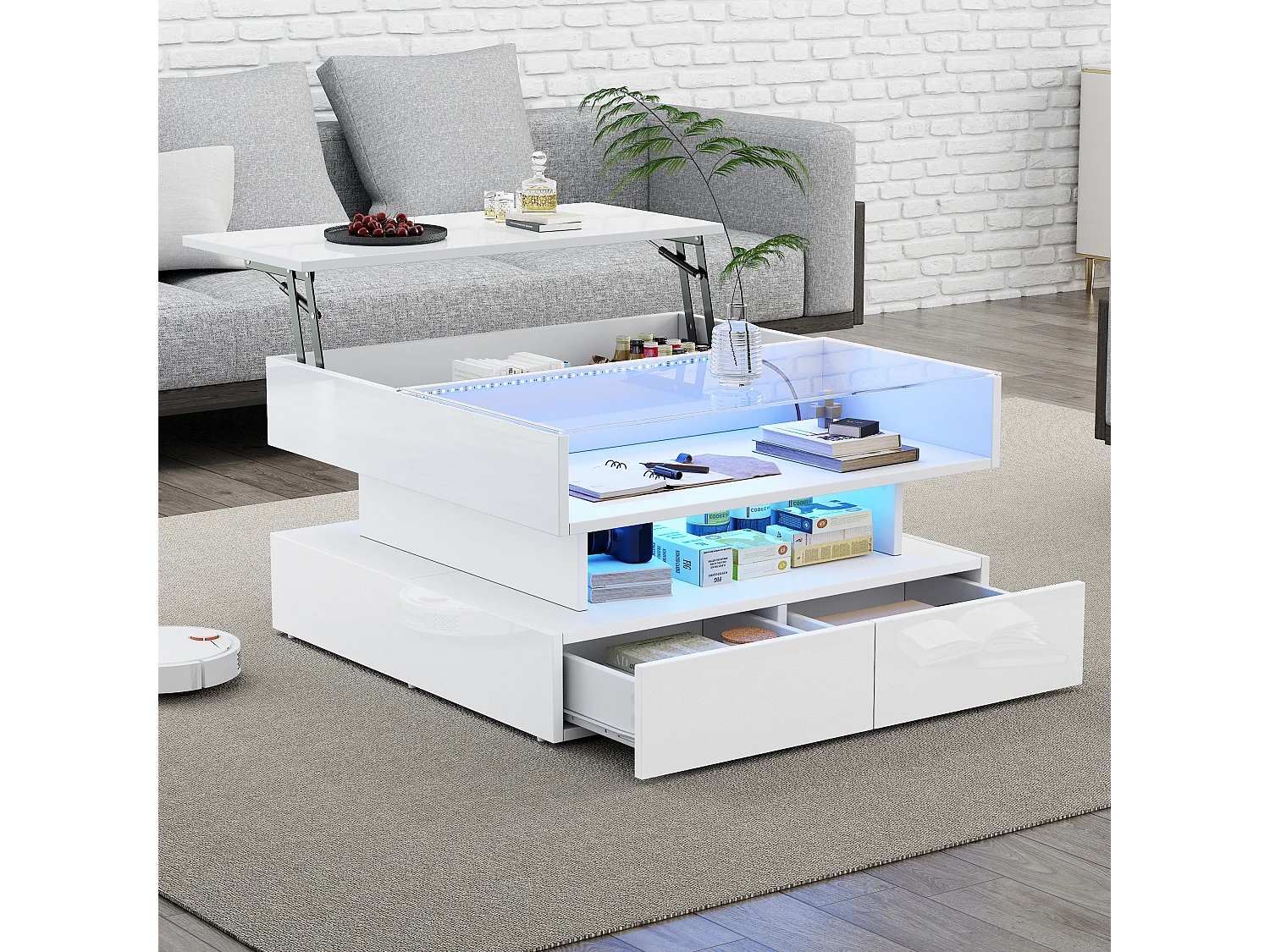 Hochklappbarer Couchtisch – 80 x 80 x 45 cm – mit verstecktem Stauraum + 2 Schubladen + LEDs – Spanplatte + gehärtetes Glas – weiß