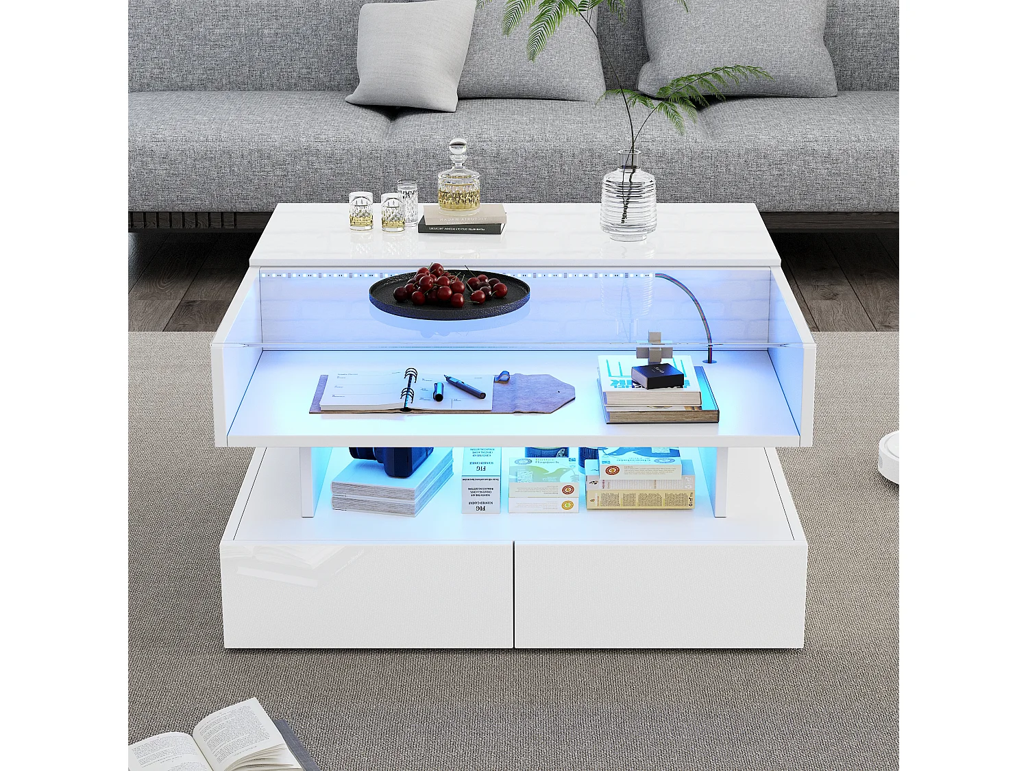 Hochklappbarer Couchtisch – 80 x 80 x 45 cm – mit verstecktem Stauraum + 2 Schubladen + LEDs – Spanplatte + gehärtetes Glas – weiß