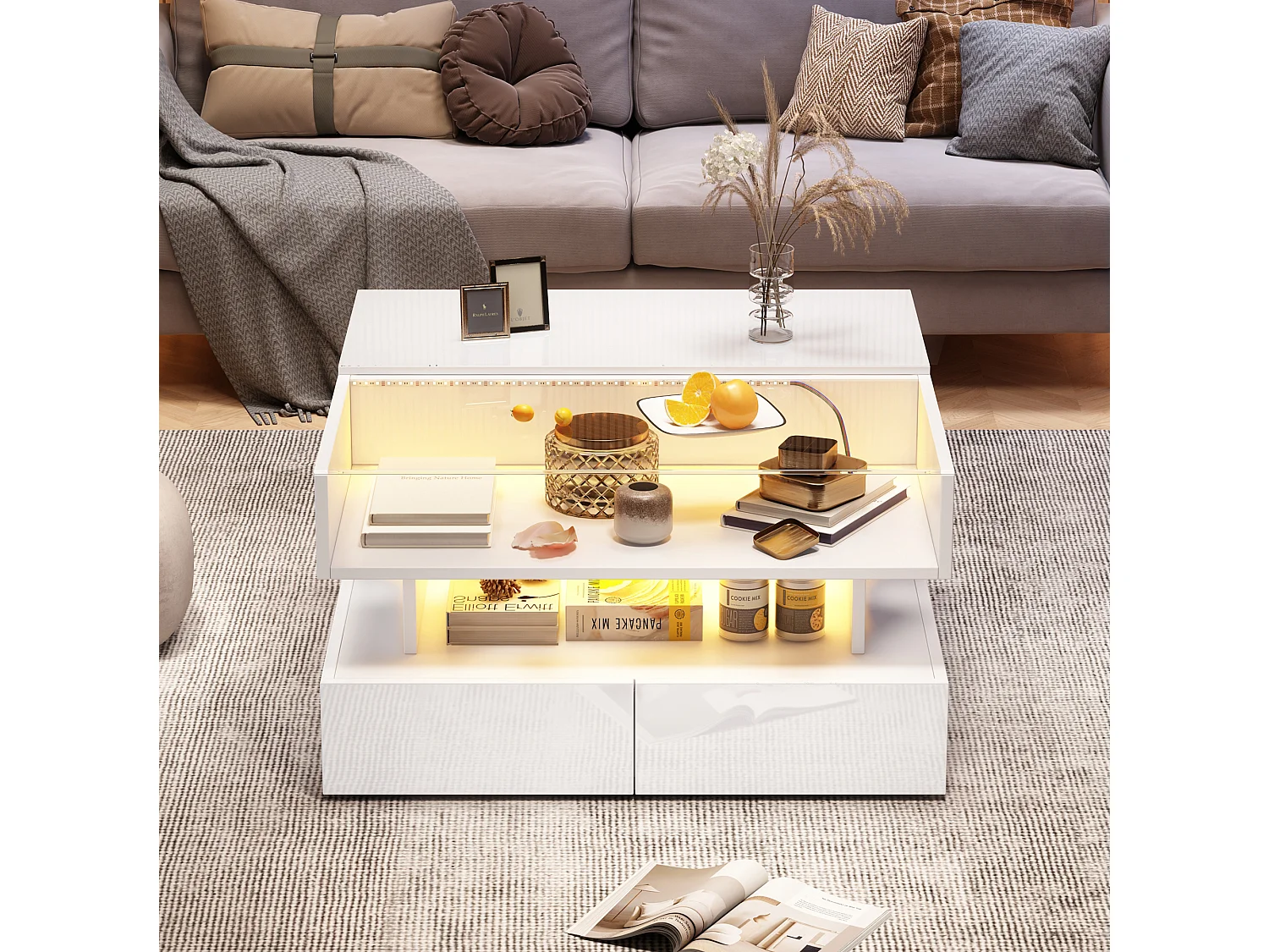 Hochklappbarer Couchtisch – 80 x 80 x 45 cm – mit verstecktem Stauraum + 2 Schubladen + LEDs – Spanplatte + gehärtetes Glas – weiß