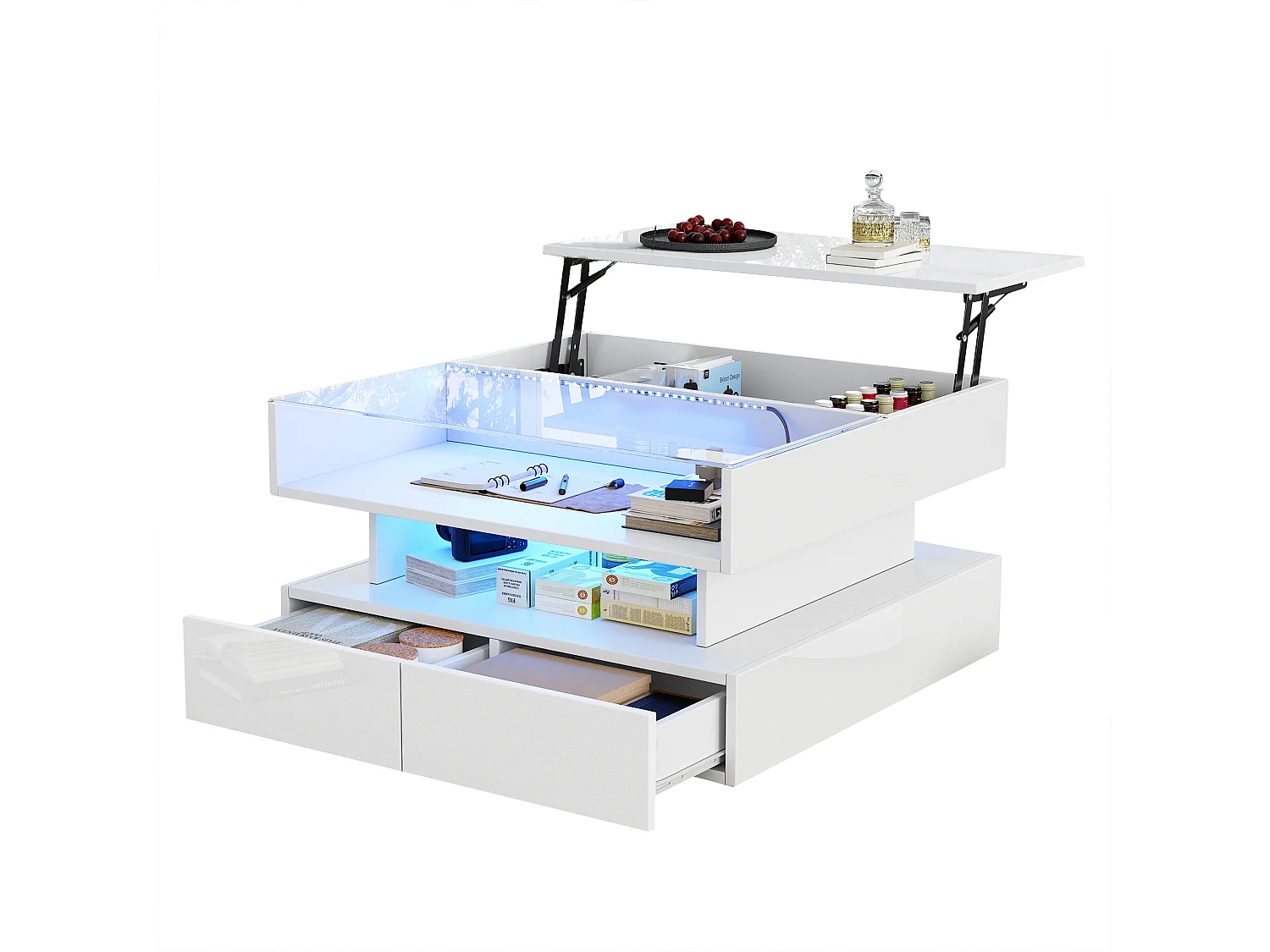 Hochklappbarer Couchtisch – 80 x 80 x 45 cm – mit verstecktem Stauraum + 2 Schubladen + LEDs – Spanplatte + gehärtetes Glas – weiß