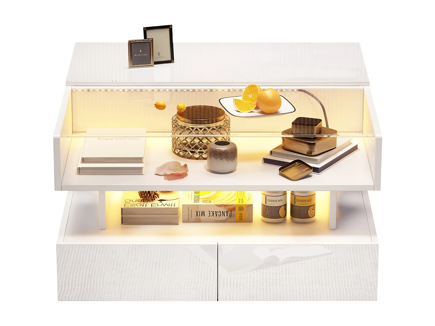 Hochklappbarer Couchtisch – 80 x 80 x 45 cm – mit verstecktem Stauraum + 2 Schubladen + LEDs – Spanplatte + gehärtetes Glas – weiß