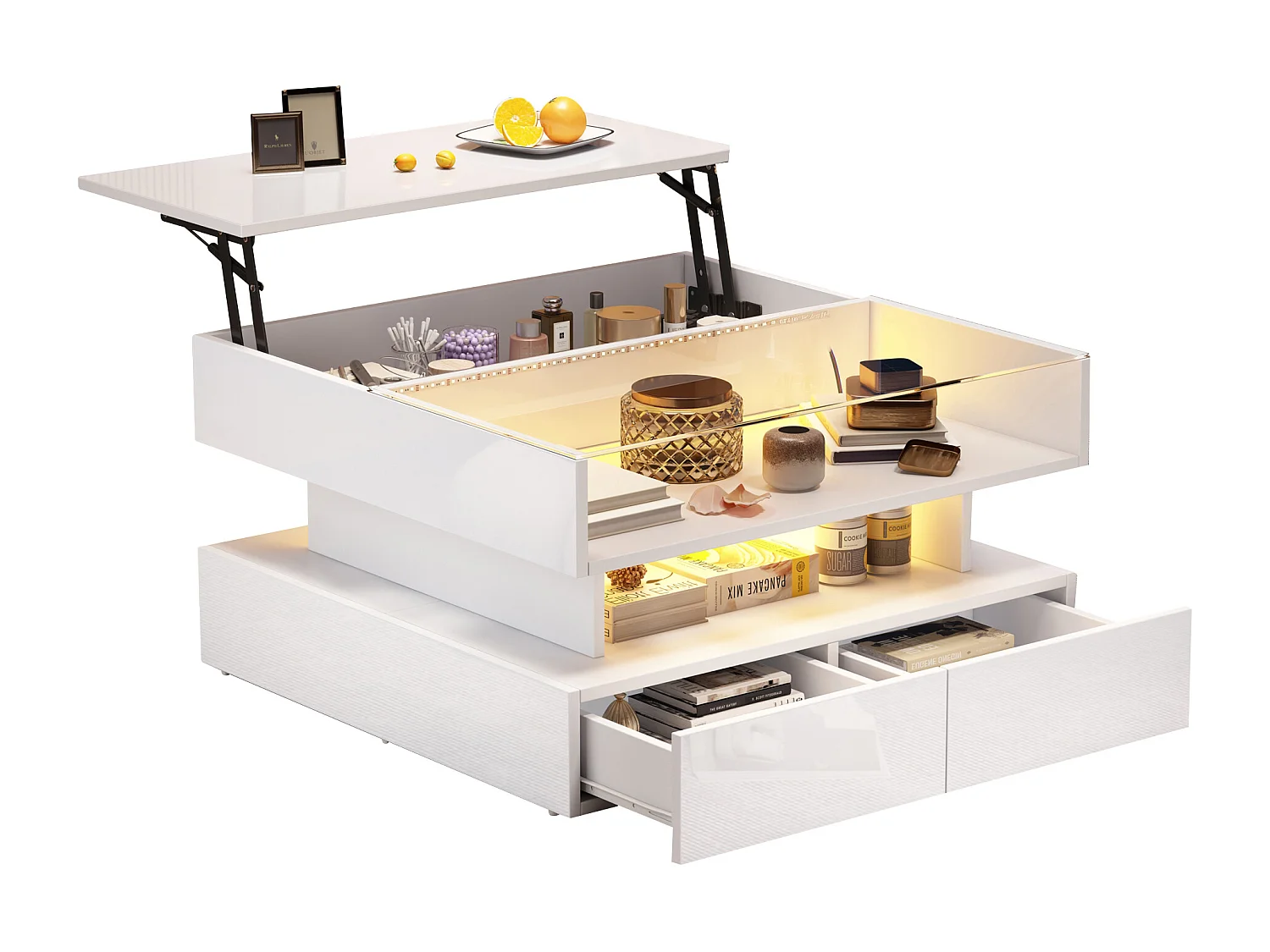 Hochklappbarer Couchtisch – 80 x 80 x 45 cm – mit verstecktem Stauraum + 2 Schubladen + LEDs – Spanplatte + gehärtetes Glas – weiß