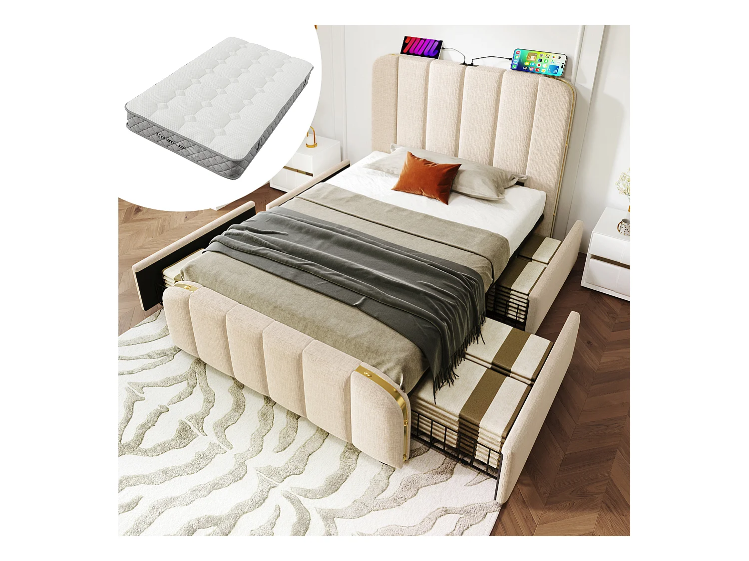 Lit coffre rembourré - 90 x 200 cm - tête de lit rembourrée avec USB Type-C - avec 4 tiroirs - lin - beige - (avec matelas)
