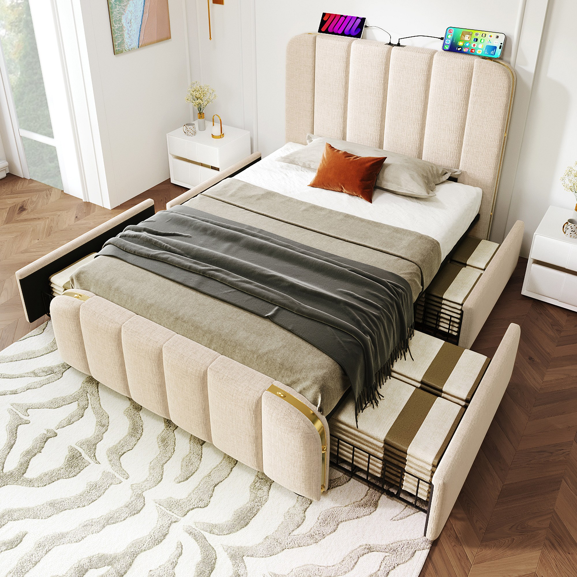 Lit Enfant 90x200cm Avec Tête De Lit Arc-en-Ciel - Tables De Chevet Intégrées - Solisburne Sans Matelas