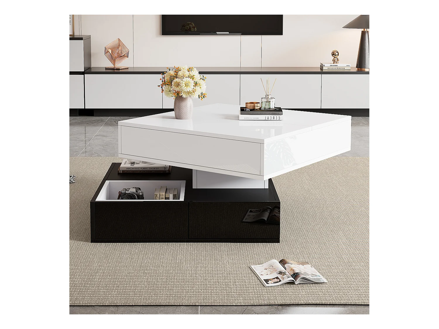 Table basse avec plateau rotatif à 360°- 70 x 70 x 40 cm - double couche avec 3 tiroirs - aggloméré - blanc + noir