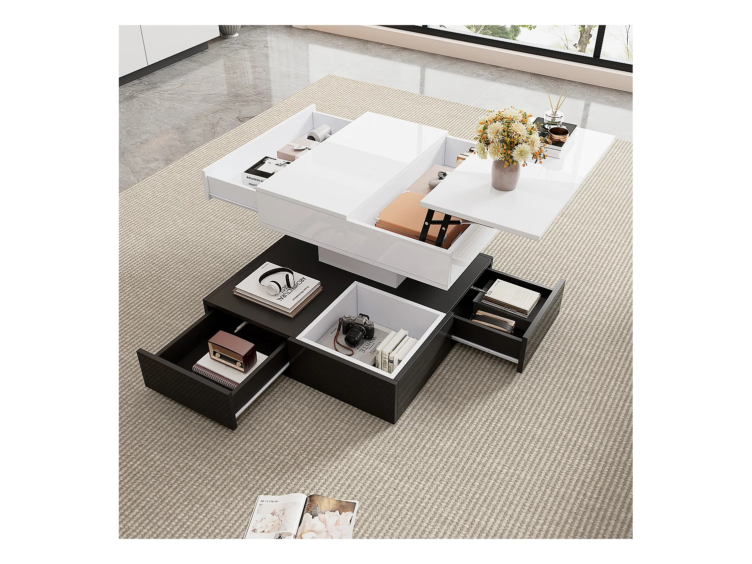 Table basse avec plateau rotatif à 360°- 70 x 70 x 40 cm - double couche avec 3 tiroirs - aggloméré - blanc + noir