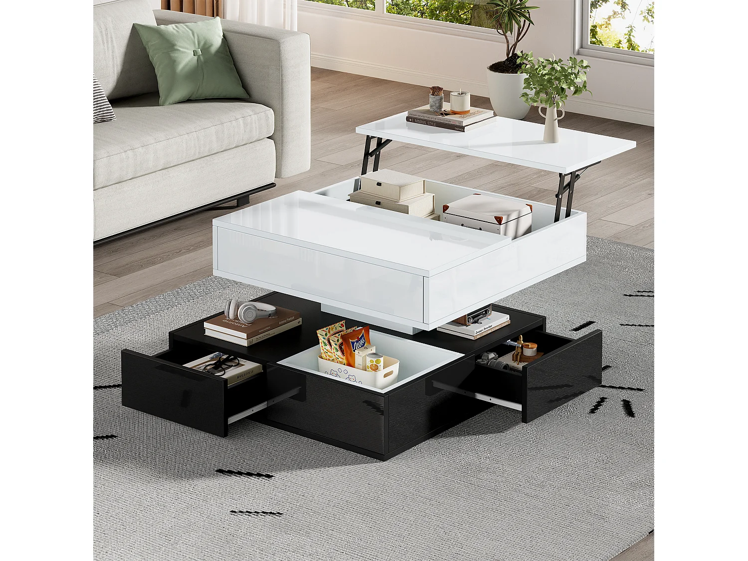 Table basse avec plateau rotatif à 360°- 70 x 70 x 40 cm - double couche avec 3 tiroirs - aggloméré - blanc + noir