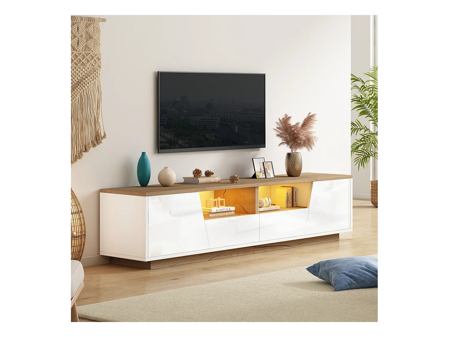 Meuble TV brillant - 180 x 40 x 46cm - avec 2 tiroirs + 2 portes meuble TV + Leds - aggloméré - blanc