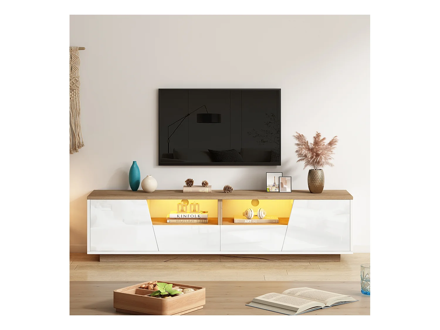 Meuble TV brillant - 180 x 40 x 46cm - avec 2 tiroirs + 2 portes meuble TV + Leds - aggloméré - blanc