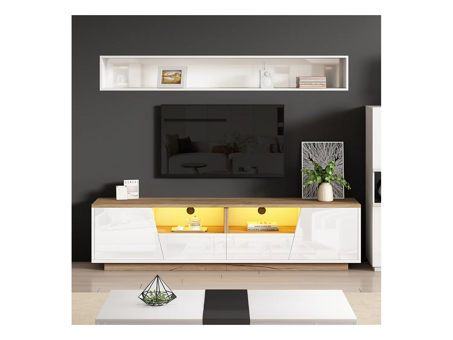 Meuble TV brillant - 180 x 40 x 46cm - avec 2 tiroirs + 2 portes meuble TV + Leds - aggloméré - blanc