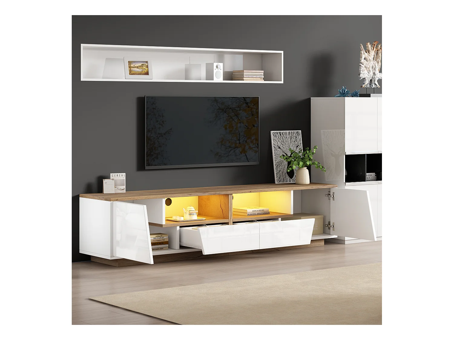 Meuble TV brillant - 180 x 40 x 46cm - avec 2 tiroirs + 2 portes meuble TV + Leds - aggloméré - blanc