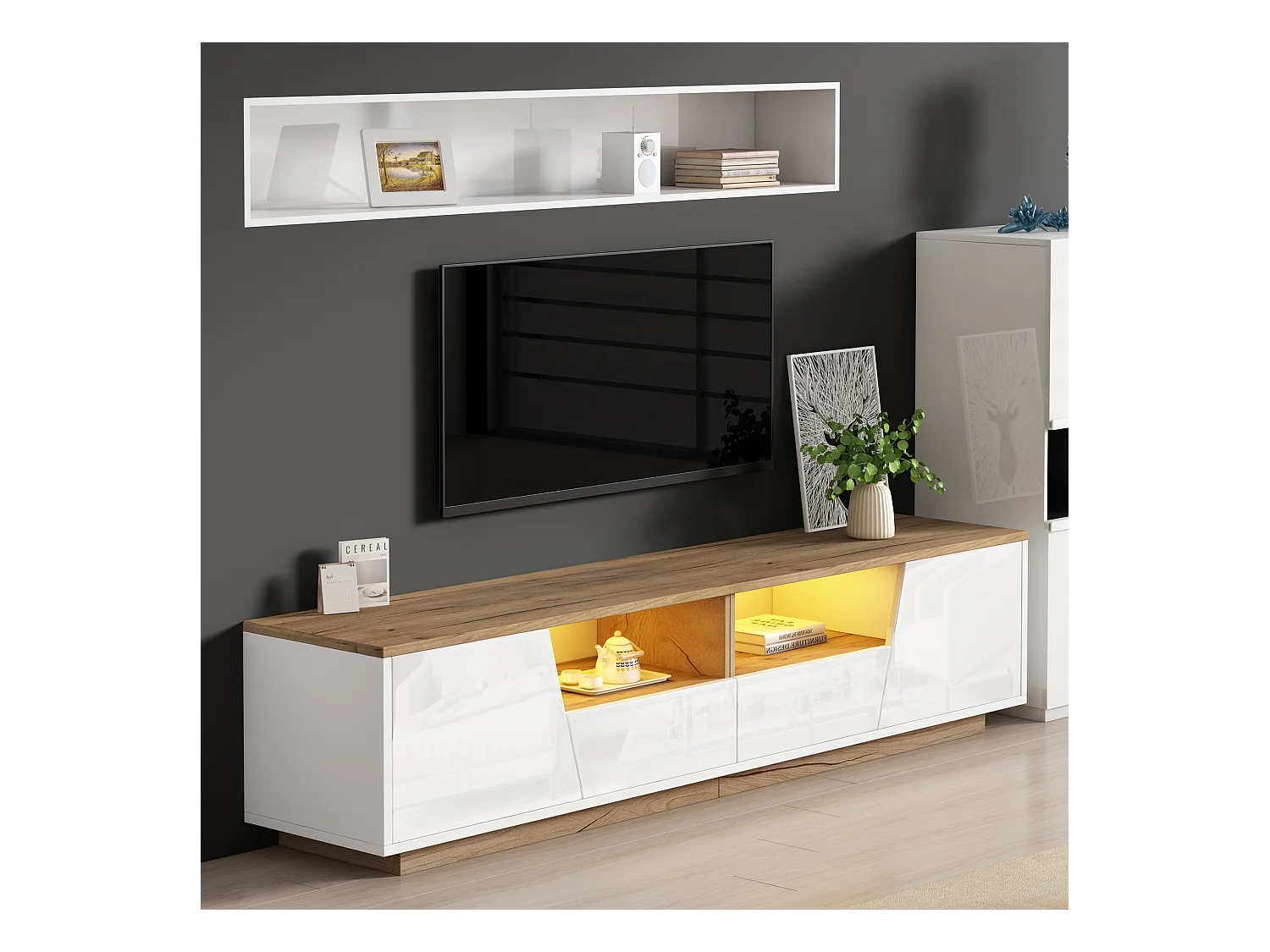 Meuble TV brillant - 180 x 40 x 46cm - avec 2 tiroirs + 2 portes meuble TV + Leds - aggloméré - blanc