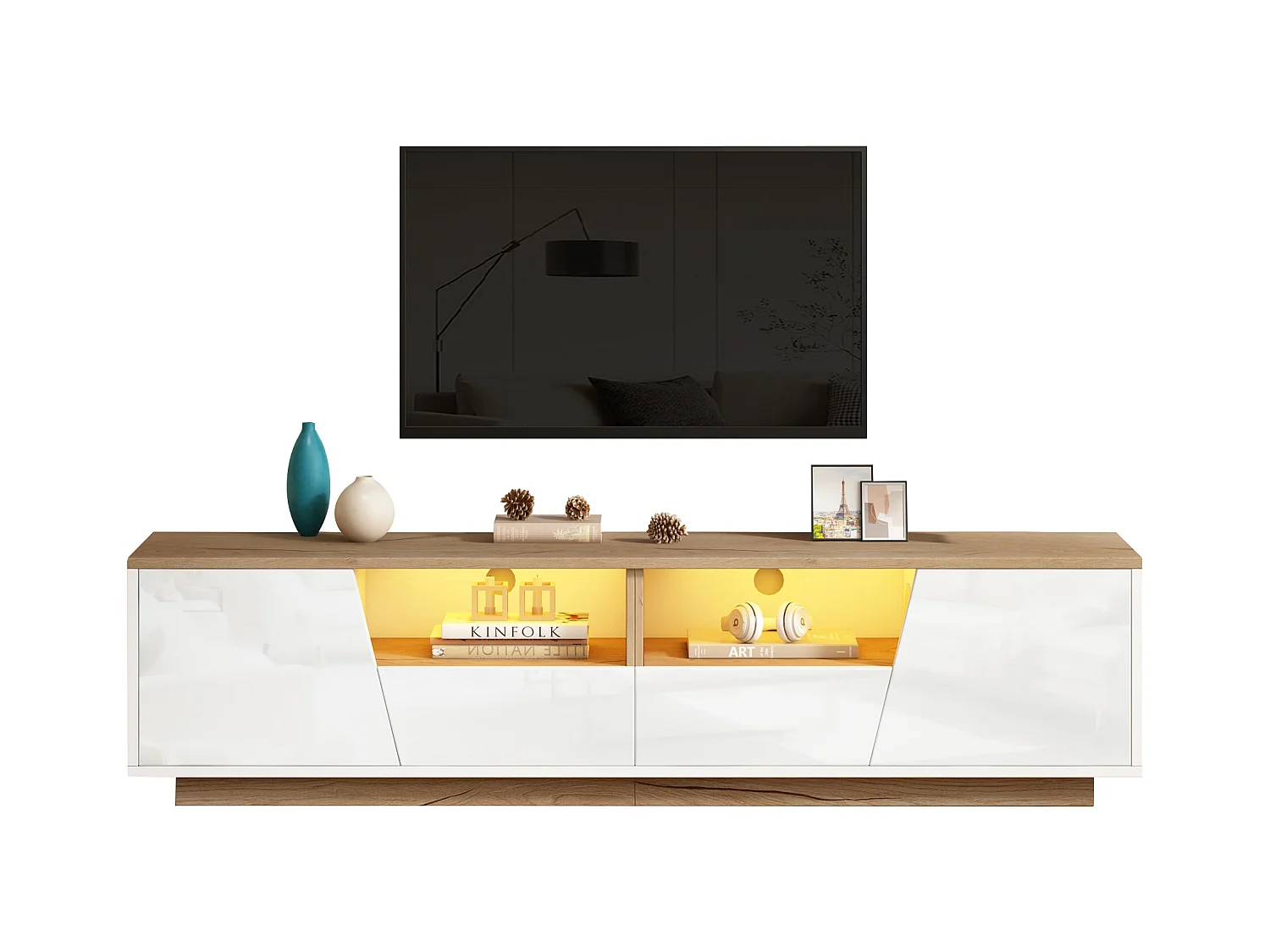 Meuble TV brillant - 180 x 40 x 46cm - avec 2 tiroirs + 2 portes meuble TV + Leds - aggloméré - blanc