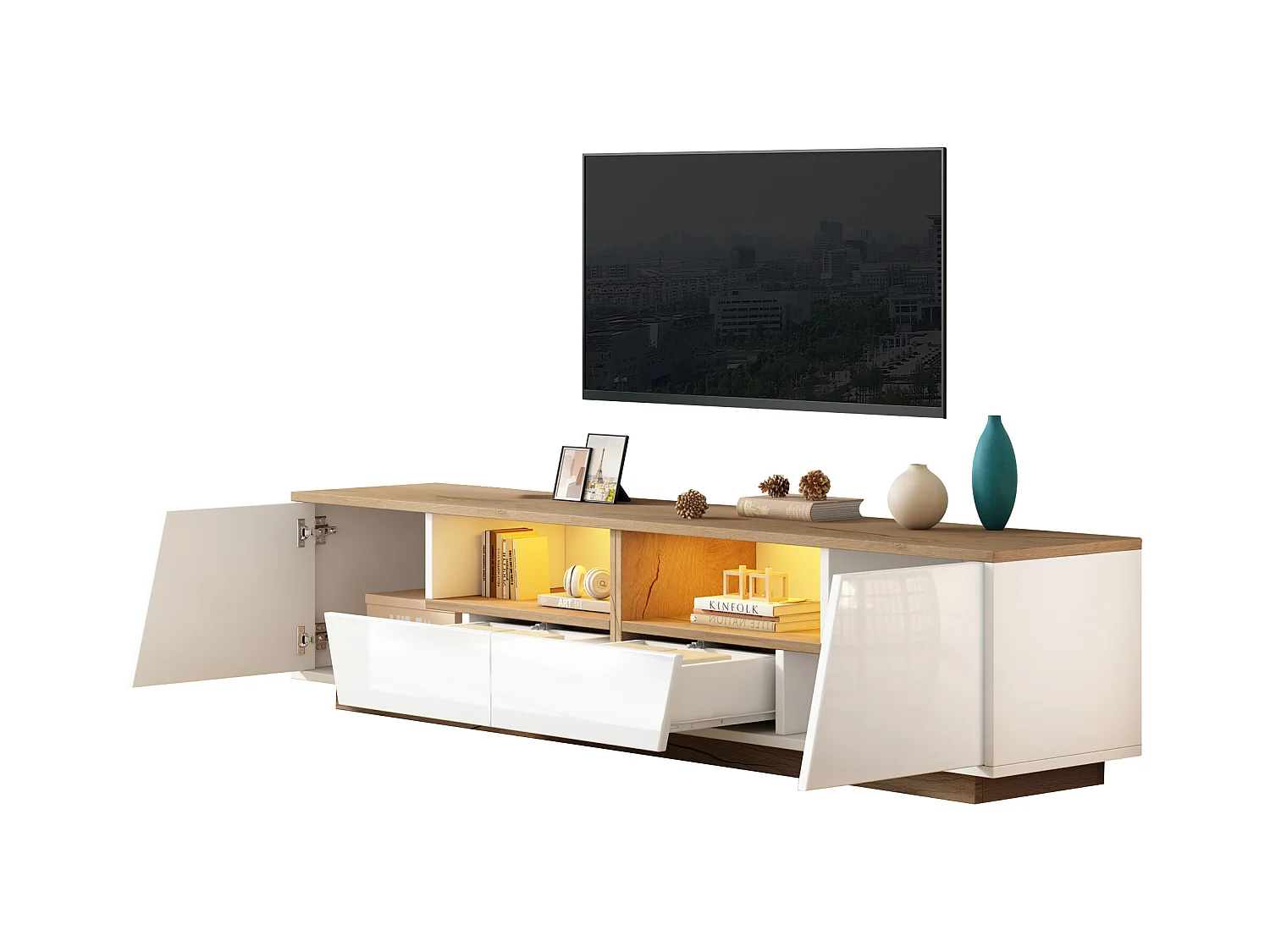 Meuble TV brillant - 180 x 40 x 46cm - avec 2 tiroirs + 2 portes meuble TV + Leds - aggloméré - blanc